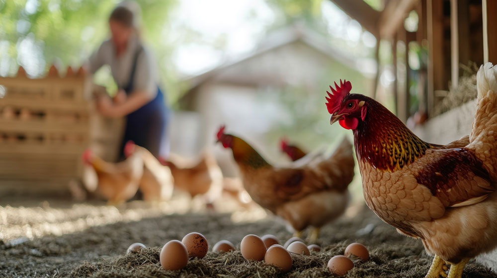 chicken-coop-with-hens-pecking-the-ground-with-eggs chicken farm with eggs