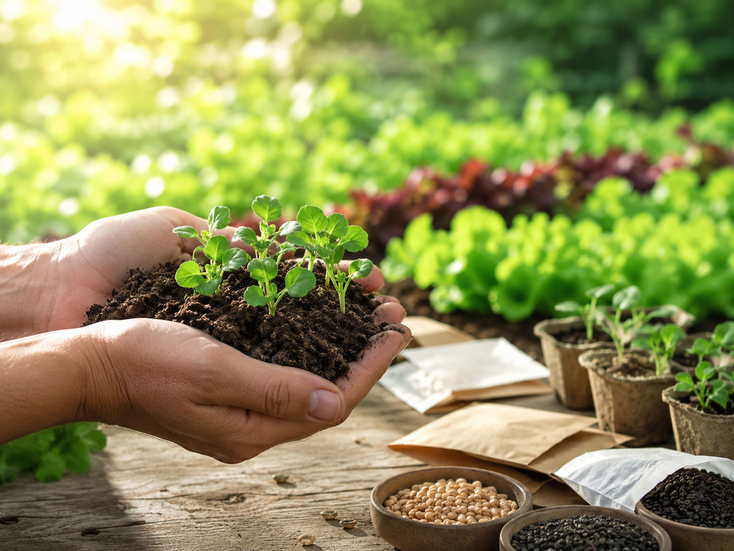 farmer holding dirt with lettuce plants growing
