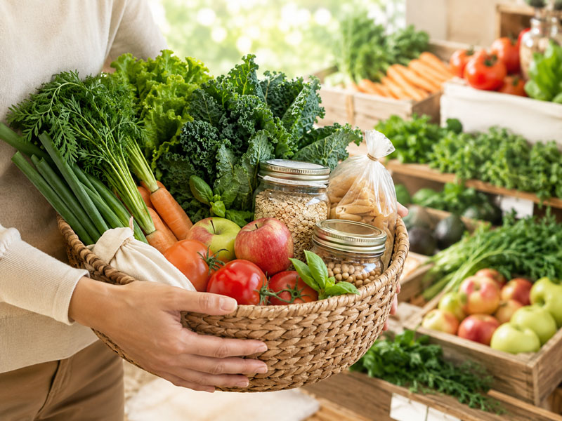 person holding non-gmo fruits and vegetables in a basket