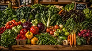 produce produce on table with locally grown sign