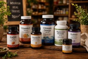 vitamins group of vitamin bottles on a table